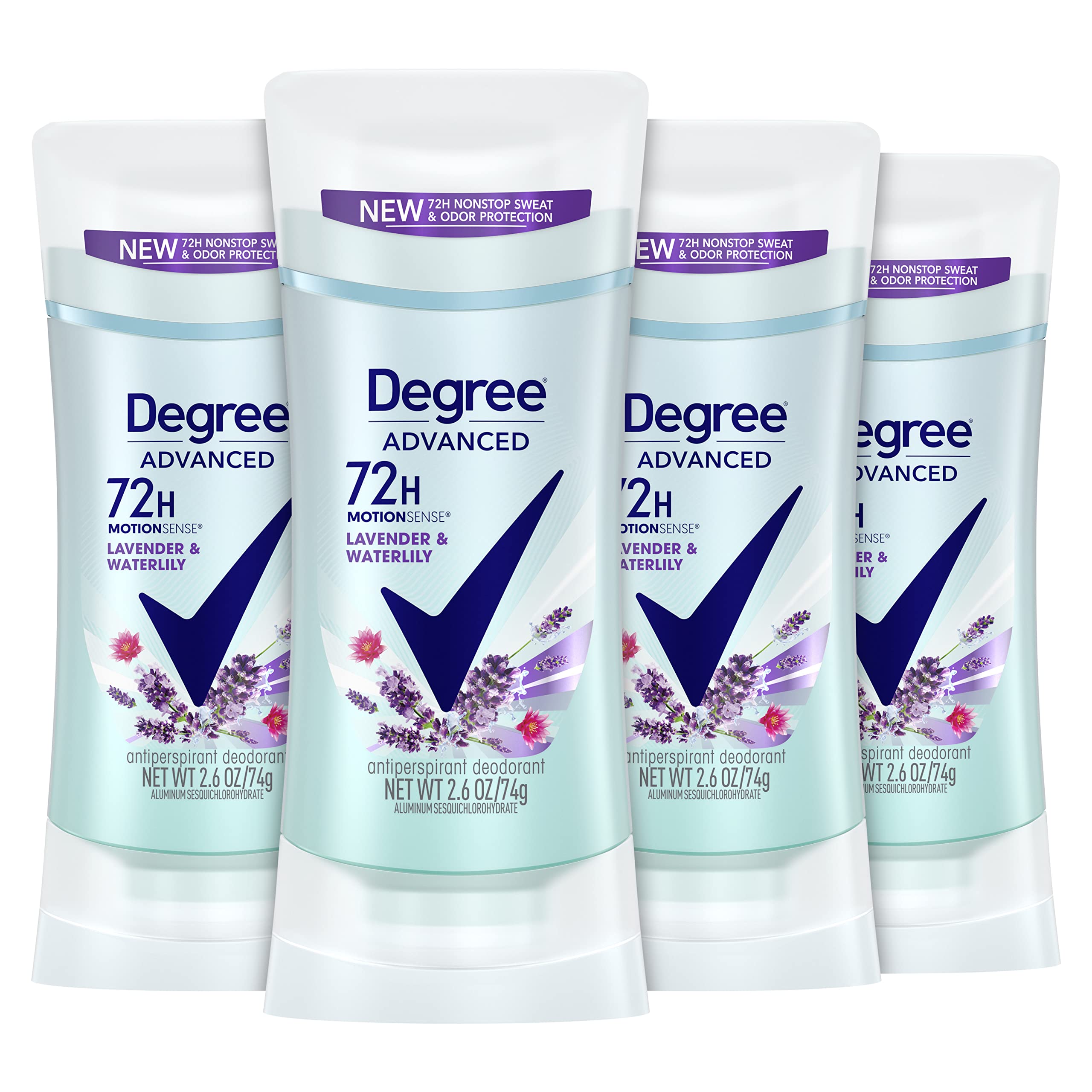 Degree Antiperspirant Deodorant 72-Hour Sweat and Odor Protection Lavender and Waterlily Antiperspirant for Women with MotionSense Technology 2.6 oz 4 Count